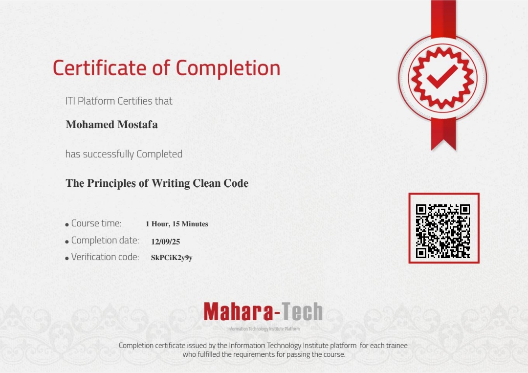 Principals of Writing Clean Code Certificate